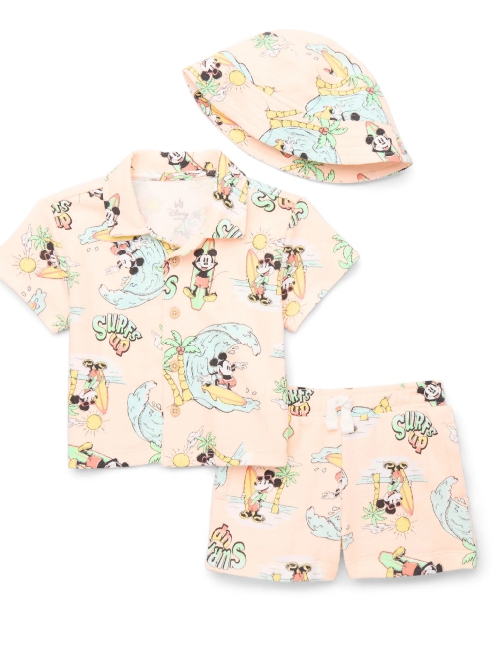 Disney 🌊🏄 tan-Peach & Pastel Surf Mickey Mouse Kids beachwear Set with Hat NWOT